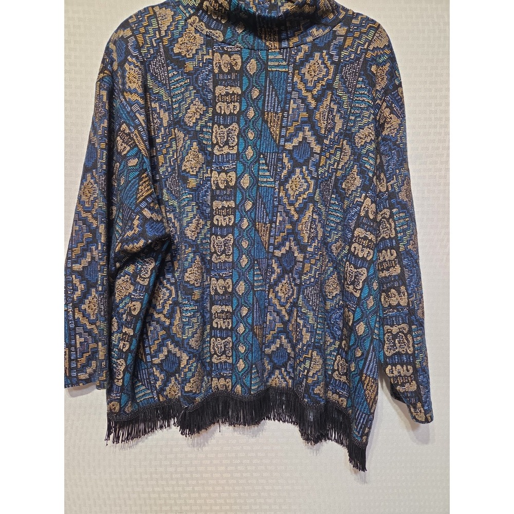 European Club Ltd Vintage Womens Sweater Fringe Hem Mock Neck Geometric Knit Top